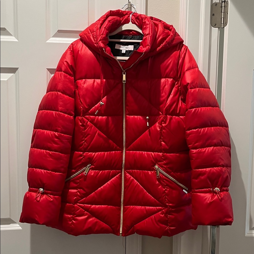 Nine West red XL quilted warm removable hood puffer parka coat jacket zip up EUC